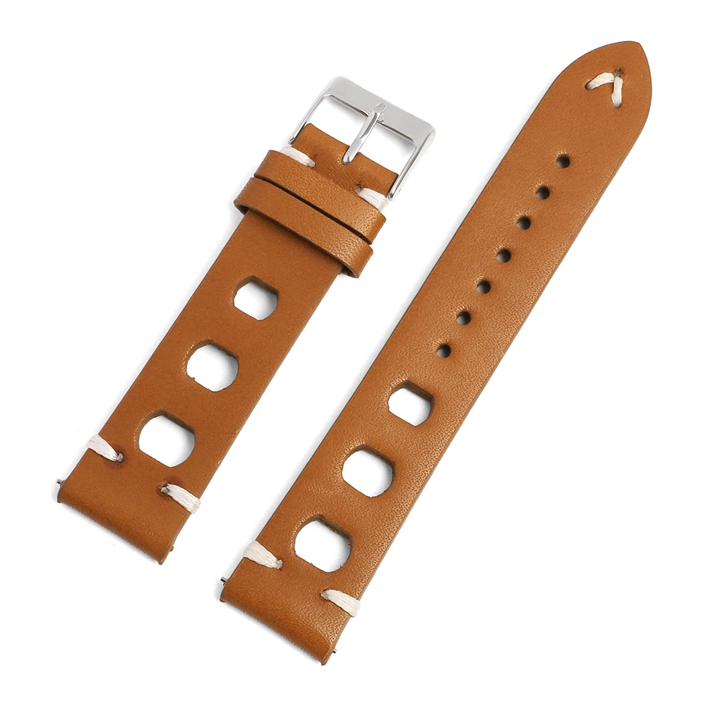 Vintage Genuine Leather Racing Watch Band with Quick Release and Breathable Design, Handmade Stitching