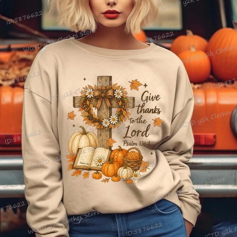 Give Thanks To The Lord Print Vintage Sweatshirt Christianity Jesus Crewneck Sportswear Autumn Long Sleeve Women's Clothing