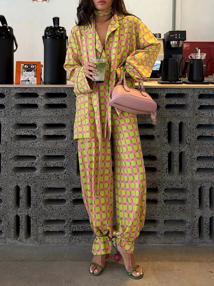 Geometric Print Notch Lapel Oversized Blazer & Wide Leg Pants 2-Piece Set 2026 Spring Summer Chic Women Casual Vacation  Outfit