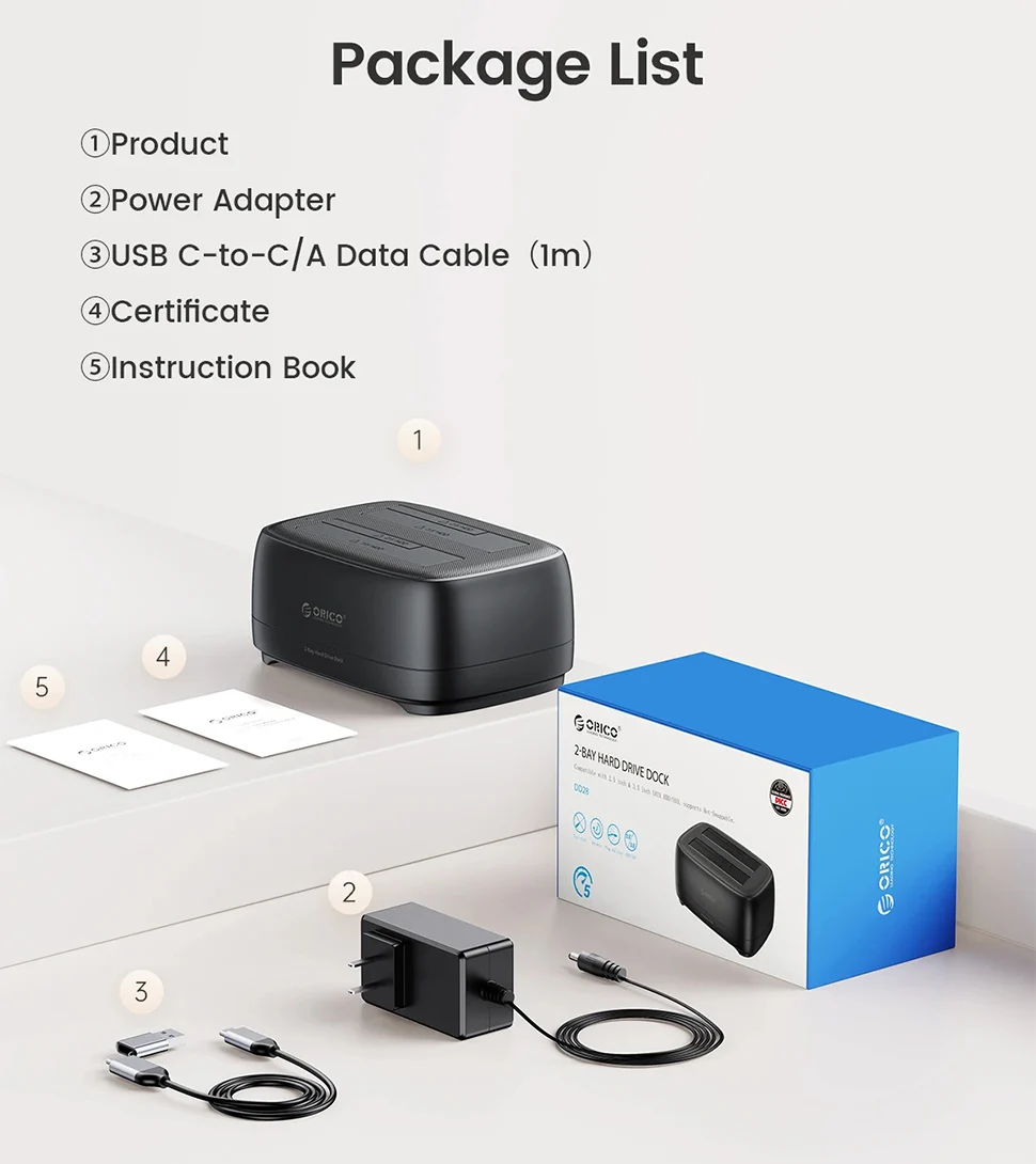 ORICO SATA HDD SSD 인클로저 하드 드라이브 도킹 스테이션, 2.5 인치, 3.5 인치, 2 베이 복제기, 오프라인 복제, USB3.2 C 타입 외장 HD 케이스