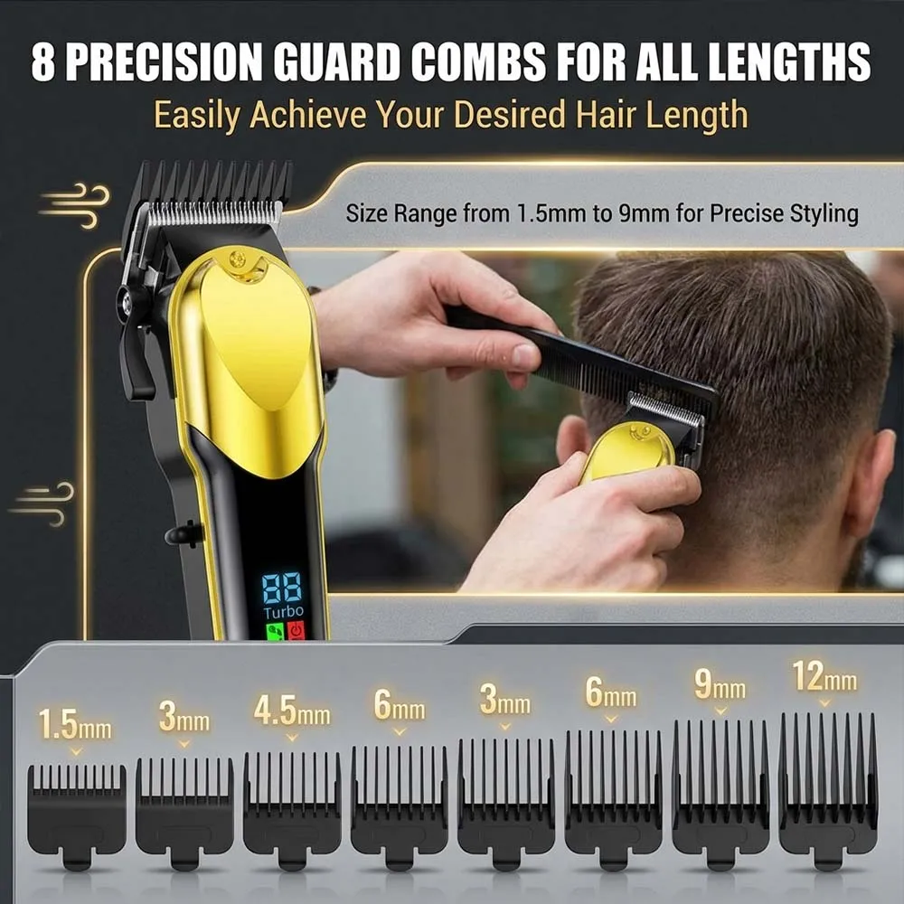 Professional Cordless Hair Clipper Set for Men Rechargeable Electric Trimmer LED Display T-Blade Barber Kit with 8 Combs Scissors & Cape
