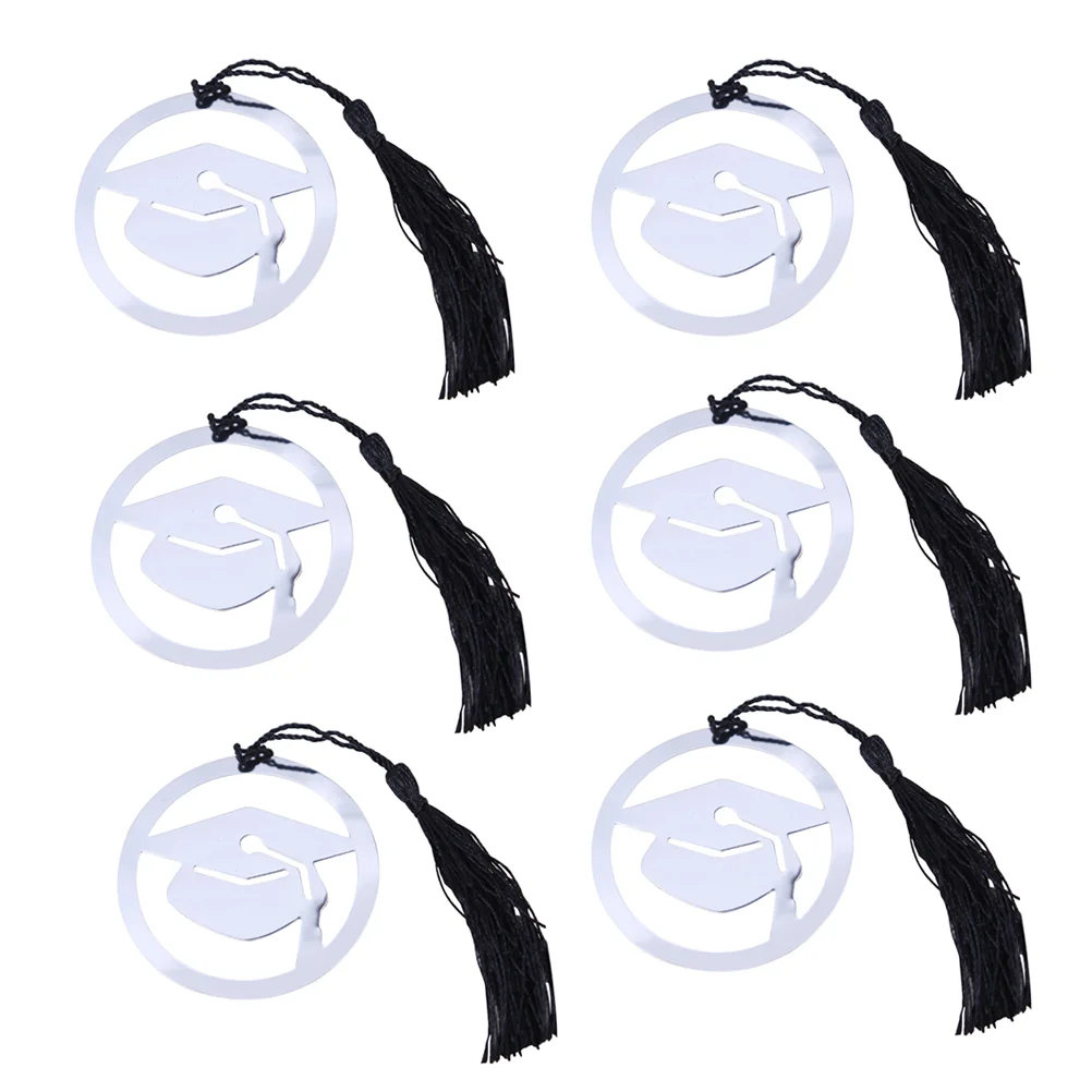 

6pcs Stainless Steel Page Marker Doctoral Shaped Bookmark with Black Tassel Graduation Gifts (Silver)