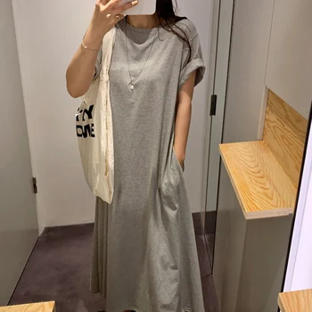 여성용 오버사이즈 단색 티셔츠 드레스, 라운드넥 반팔 맥시 드레스, 한국 스타일 A라인 드레스, 패션, 2023 여름 신상