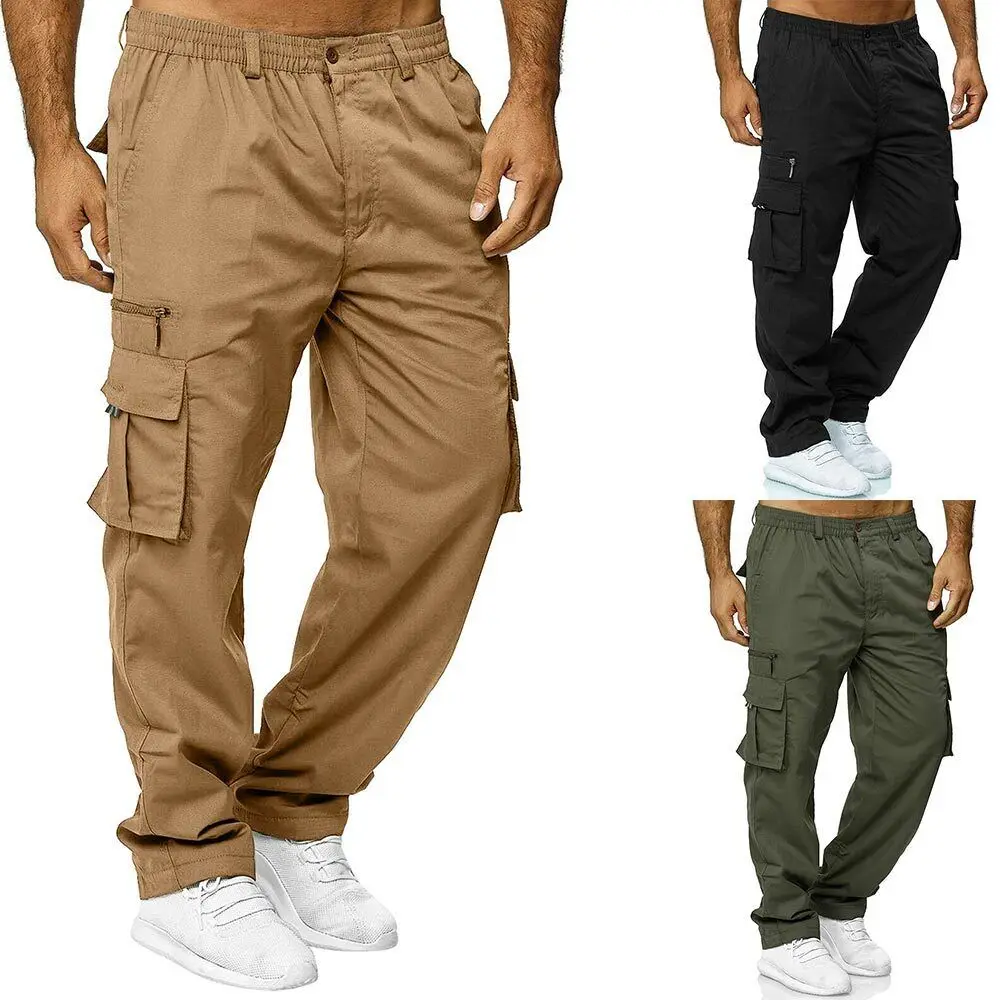 

Mens Stretch Cargo Combat Work Pants Multi Pockets Elastic Waist Hunting Camping Casual Solid Trousers New