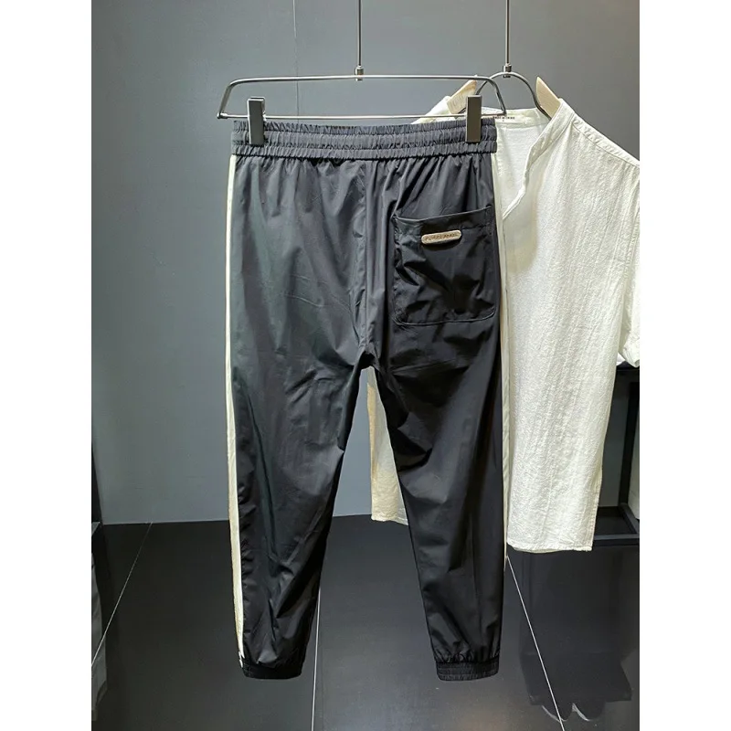 Summer Ice Silk Casual Pants Men's Ultra-Thin Breathable Soft Elastic Ankle-Tied Slim Fashion Cropped Track Sweatpants