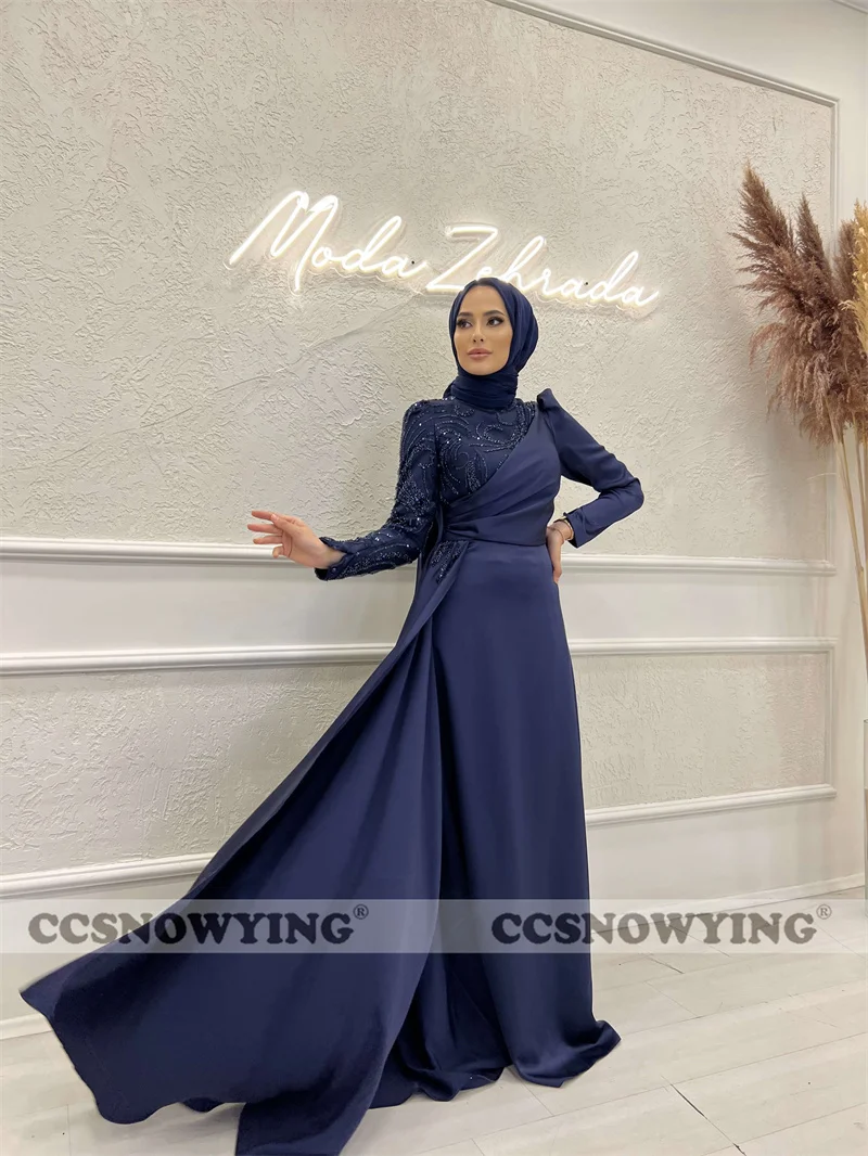 

Satin Appliques Beaded Muslim Evening Dresses Arabic Dubai Long Sleeve Hijab Formal Party Gown High Neck A Line Robe De Soiree