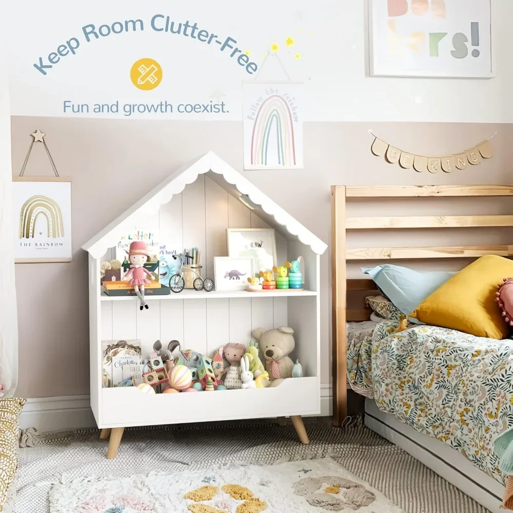 Kids Dollhouse Bookshelf, Wooden Bookcase Storage with Motion-Activated Light, Open Display Organizer for Toys and Books