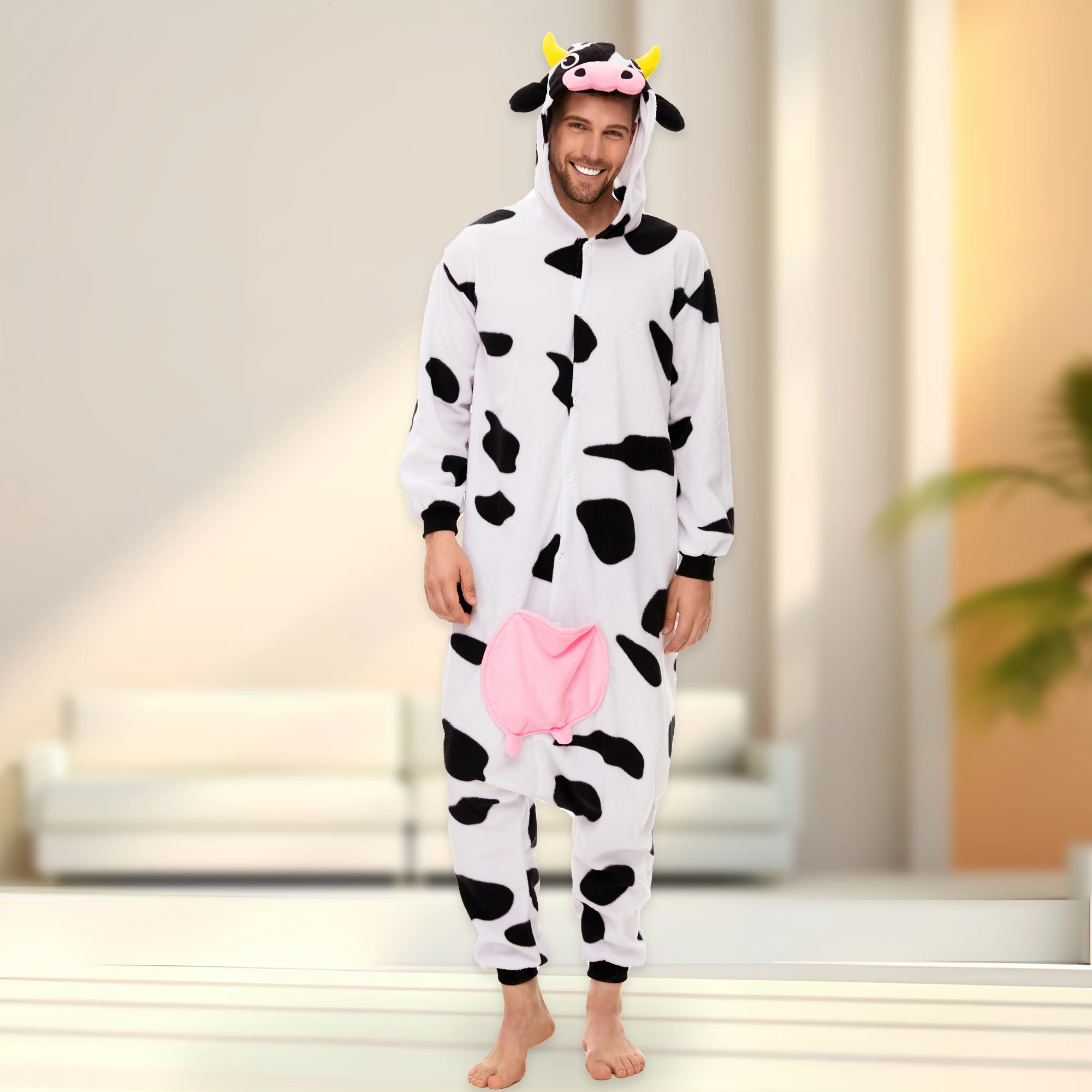 

CANASOUR Cow Onesie One-Piece Pajamas Adults Men Funny Hooded Pyjamas Halloween Christmas Cosplay Animal Costume Sleepwear