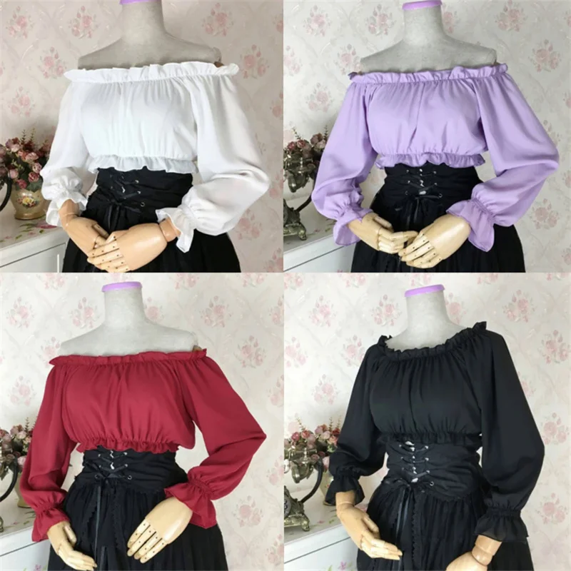 

Woman Medieval Lolita Tops Kawaii Off Shoulder Chiffon Party Cosplay Costumes Renaissance Princess Short/Long Sleeve Blouse