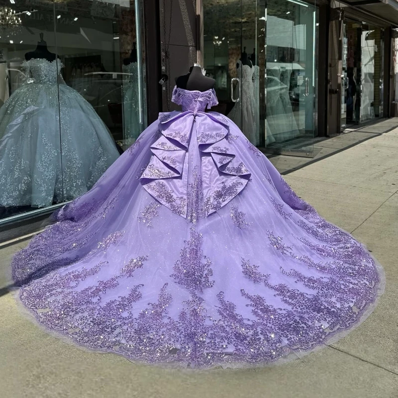 

Luxury Lavender Sweet 16 Quinceanera Dresses Gown Applique Lace Beads Crystal Tull Ball Party Prom Dress Vestido De 15 Anos