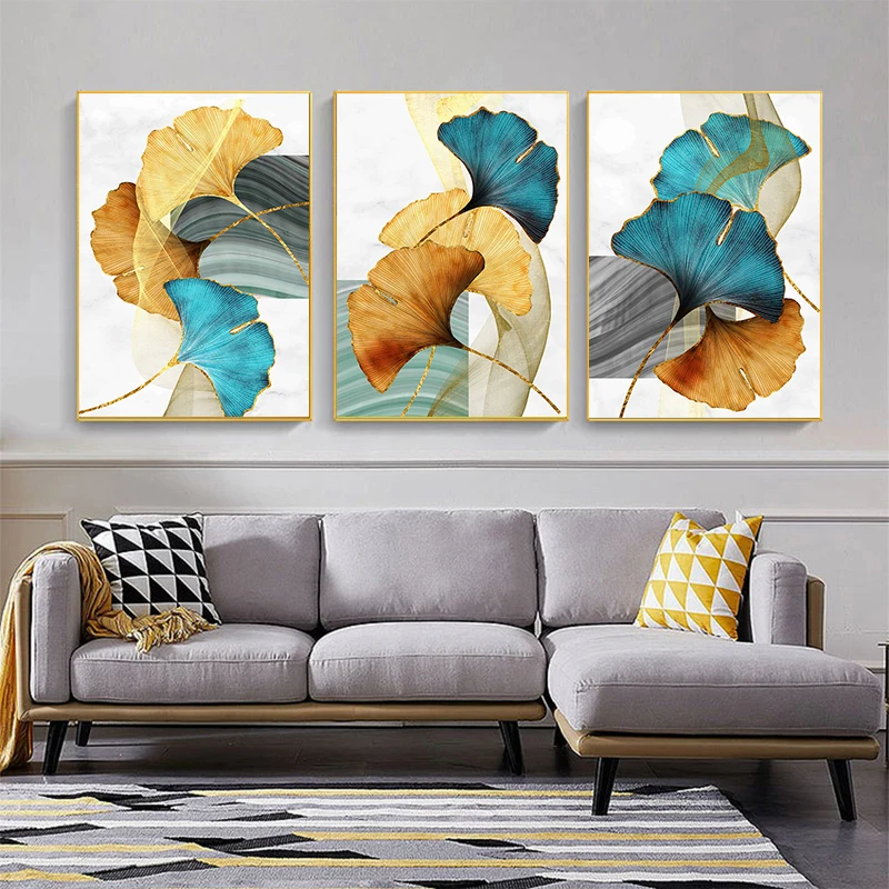 

Abstract Plant Flower Poster and Print Blue Green Yellow Gold Leaf Canvas Painting Wall Art Pictures for Living Room Home Decor