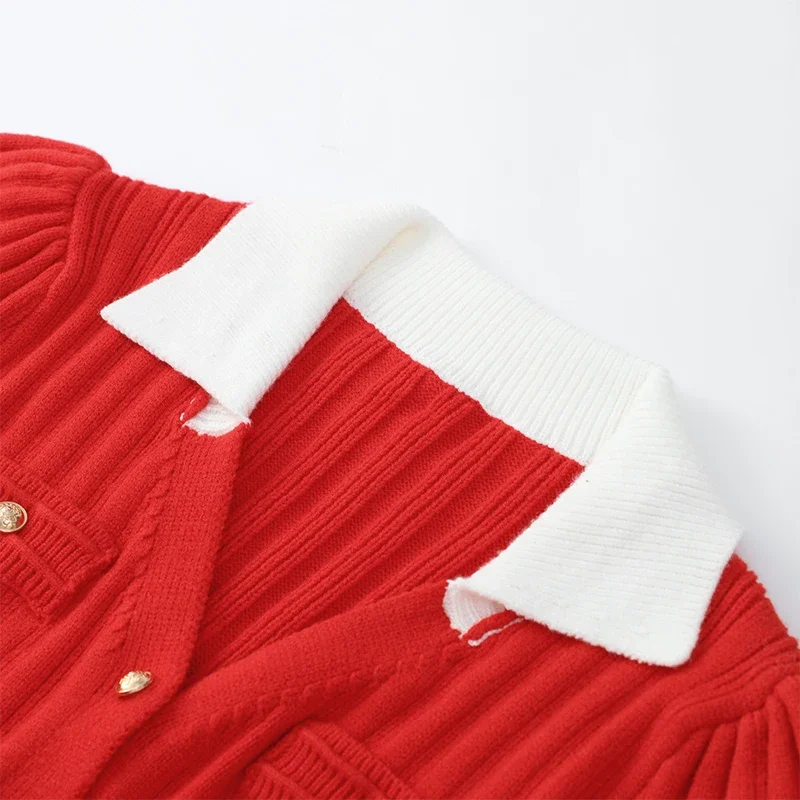 V-Neck Knit Contrast Long Dress Women Hollow Out Lapel Fashion High Waist Elegant Party Dress Knitwear Ladies Maxi Dress