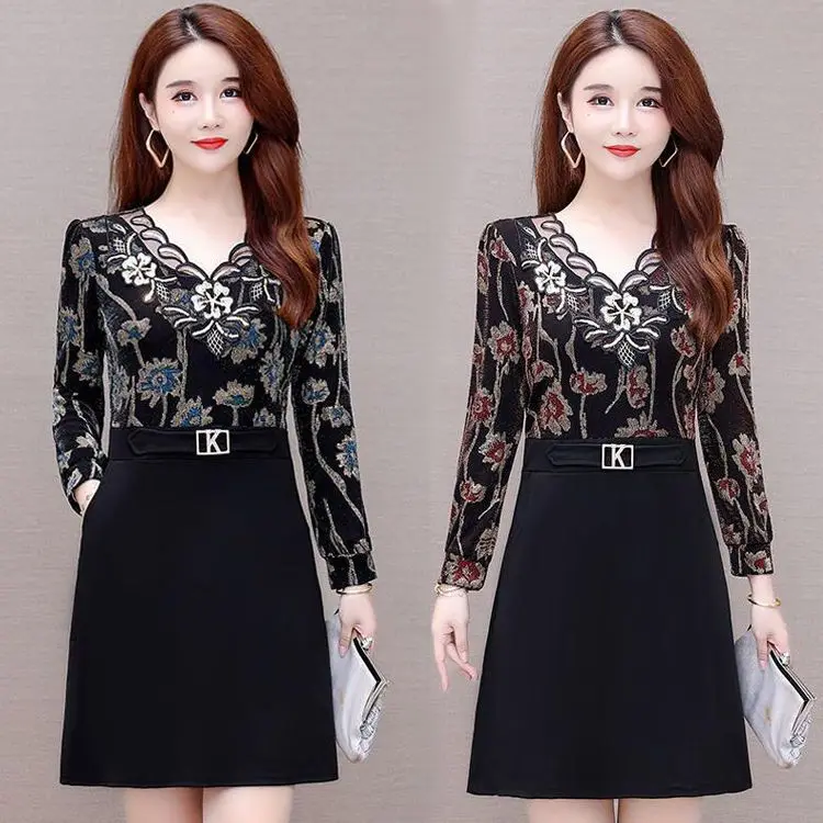 

Elegant Women V-neck Party Dress Spring Summer Mesh Long Sleeve Mini Dress Autumn Patchwork Shiny A-Line Lace Vestido M369