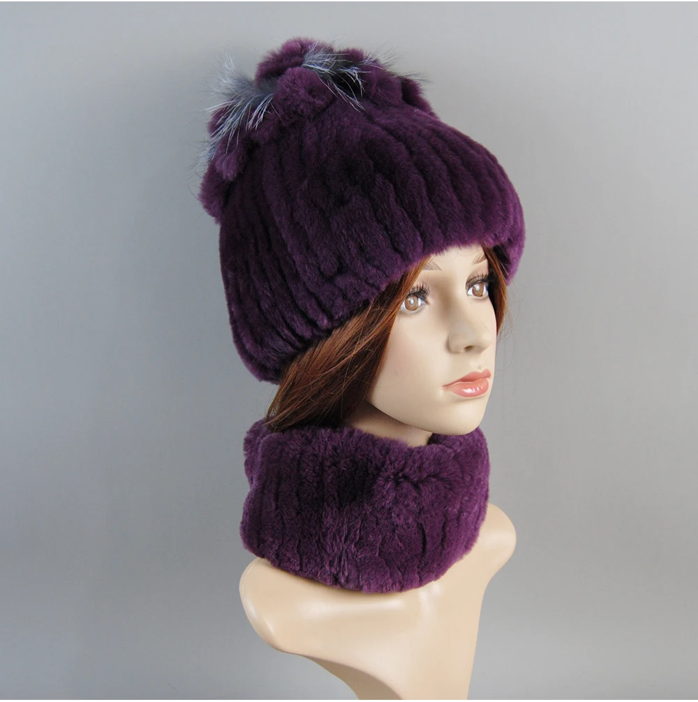 Real Rex Rabbit Fur Hat And Scarf Set Women Winter Knitted Beanie Hat Natural Fur Skullies Beanies Woman Hat Female Cap Elastic