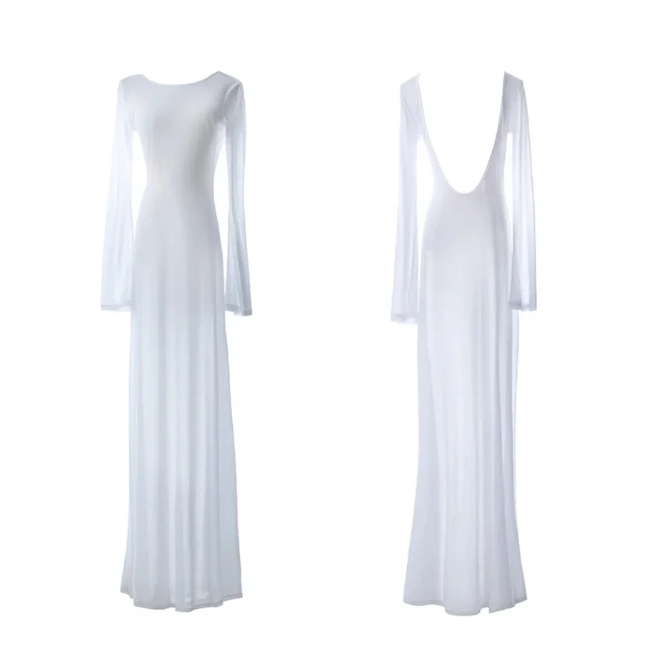 Sexy Women White Long Sleeves Backless Bikini Smock Swimwear See-through Dresses Maxi Dress Summer Holiday Beach Wear 6