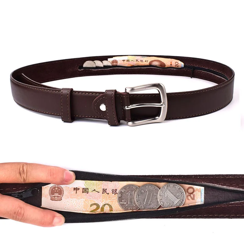 Travel Security Geld Riem Cash Anti-Diefstal Tailleband Pu Lederen Rits Verborgen Geld Riem Voor Mannen Vrouwen Geheime Zak Heupband