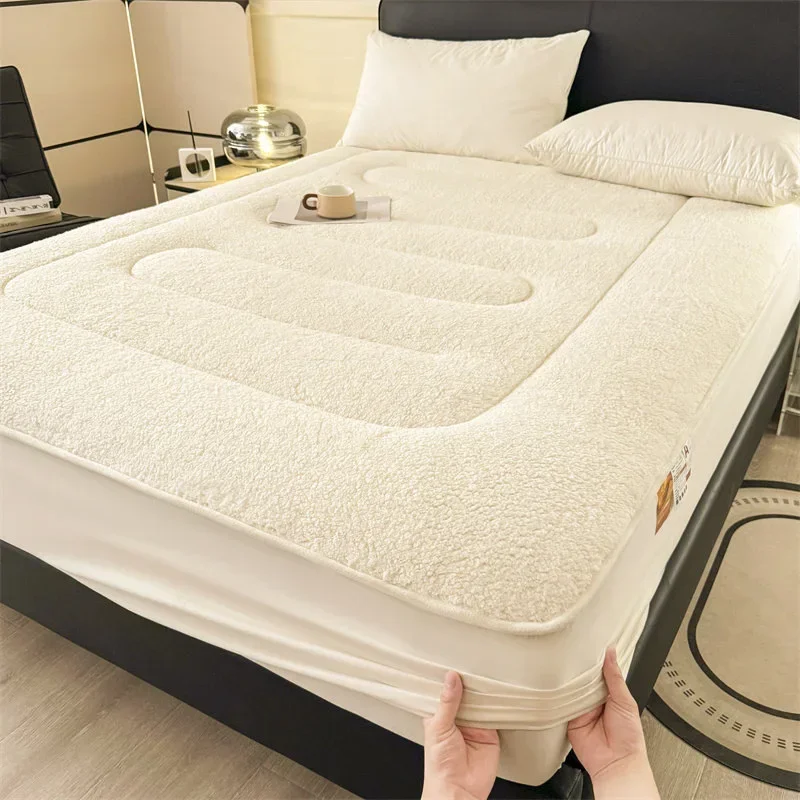 2024 padded thickened lamb wool mattress solid color warm constant temperature mattress machine washable dust protective cover 2
