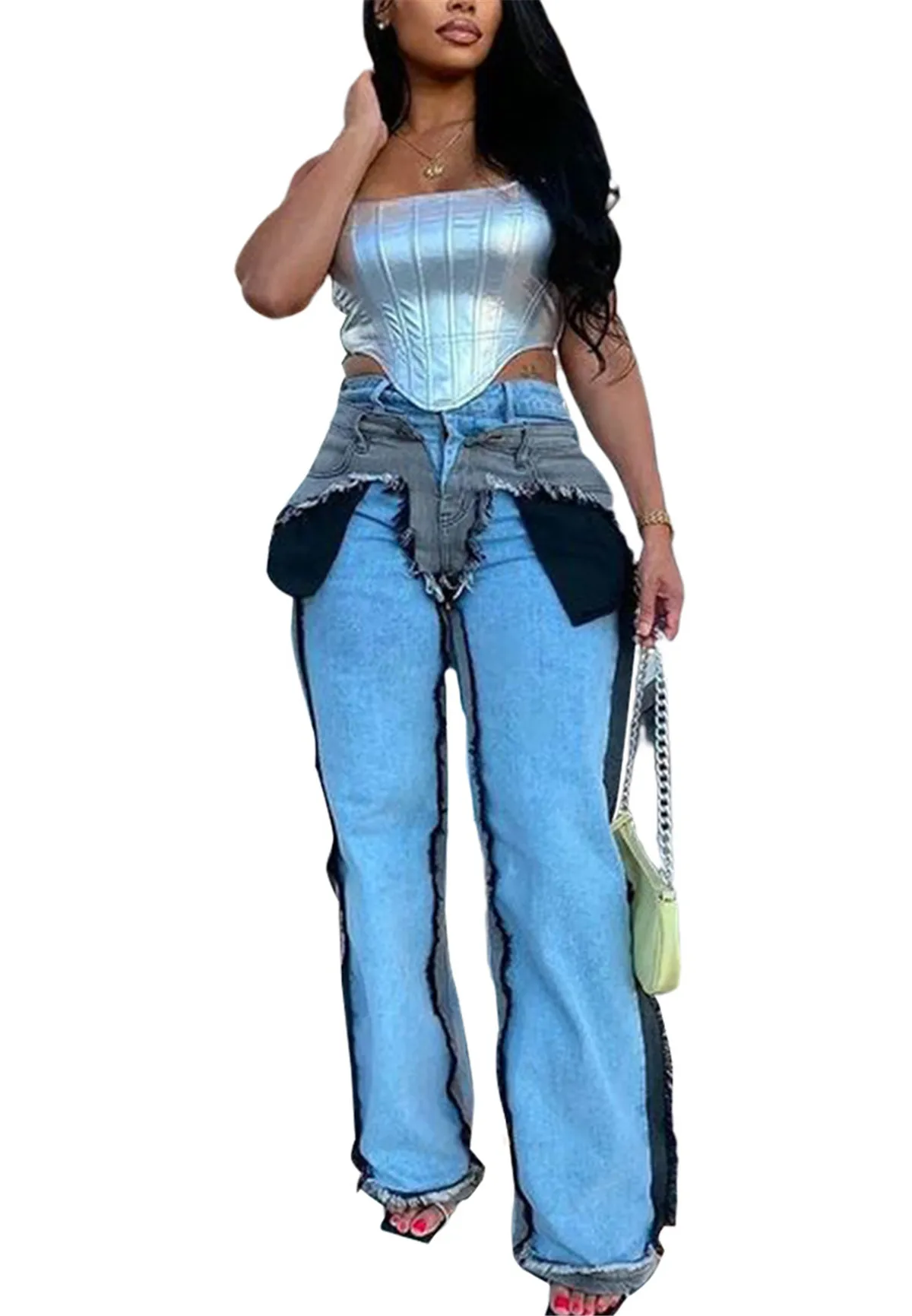 High Waist Stretchy Ripped Denim Jeans for Women Straight Fit Wide Leg Distressed BF Bandage Criss Cross Pencil Pants Trousers