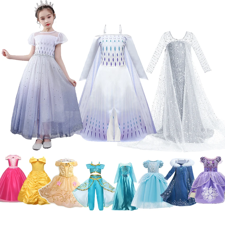 Girl Elsa Anna Dress Up Children Belle Snow White Jasmine Sofia Sleeping Beauty Fancy Halloween Costume Party Princess Clothes | Детская