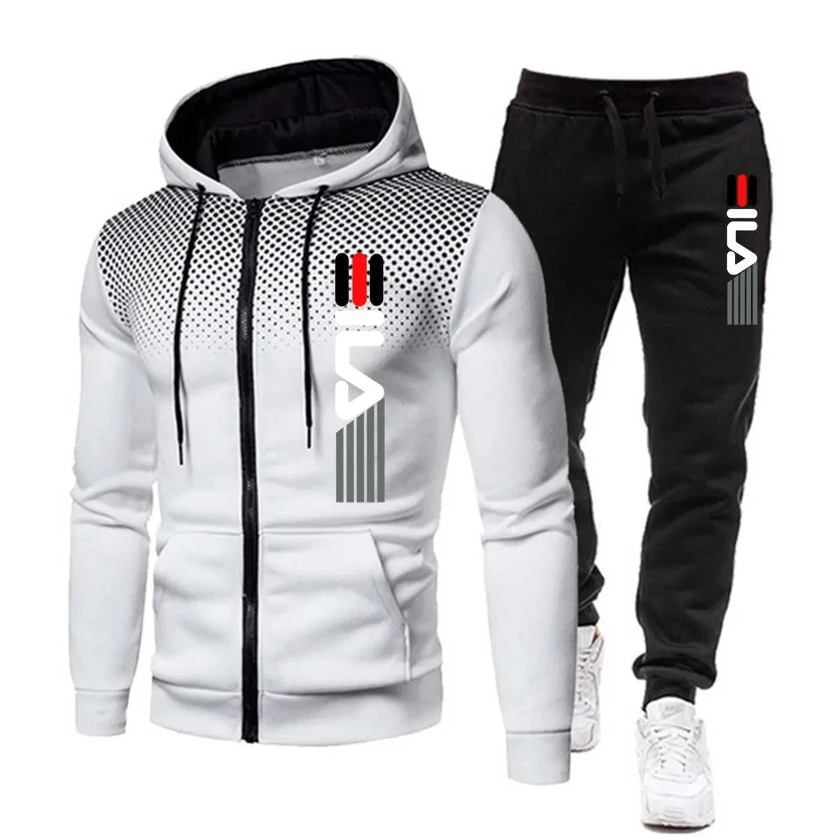 Fashion large size loose printed men's sportswear zipper hoodie + trousers two-piece leisure fitness jogging suit