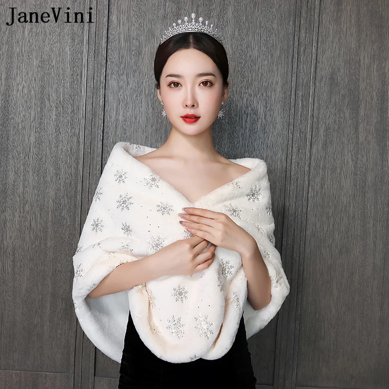 JaneVini 2022 Elegant Wedding Cape for Bride Champagne Snowflake Pattern Bridal Evening Jackets or Bolero Faux Fur Shawls Wraps