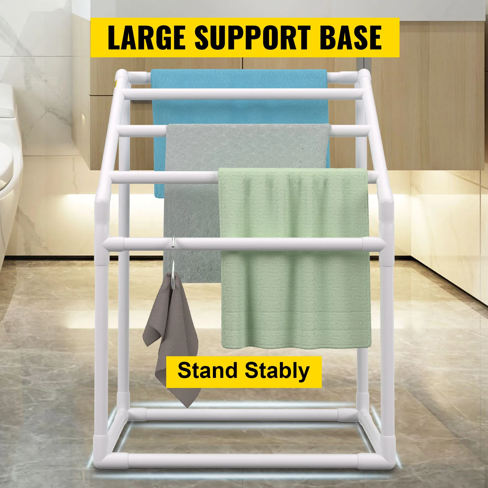 VEVOR Pool Towel Rack 5/6/7 Bar Outdoor PVC Trapezoidal/Triangular/Curved Poolside Storage Organizer w/ White/Brown Freestanding