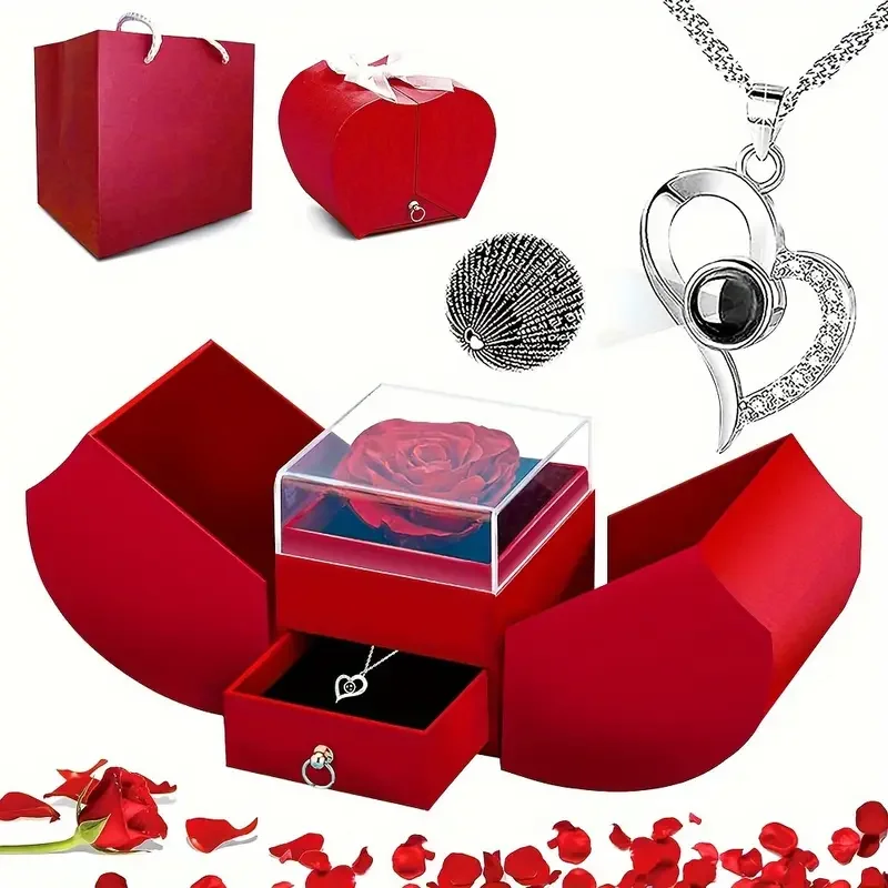 Muttertags-Halskette für Mama, herzförmige konservierte Rose „I Love You“ in 100 Sprachen“-Halskette, Valentinstag, Weihnachtsgeschenkset