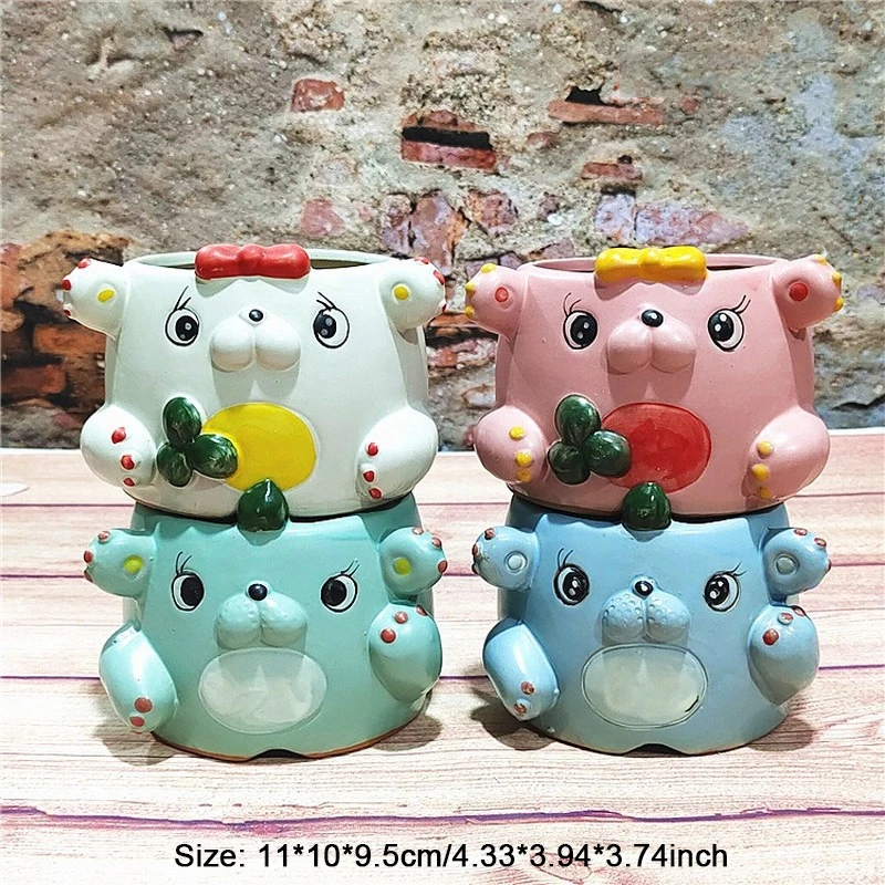 

Cute ceramic small animal flower pot container cartoon hand-painted bear boy shape succulent plant flower pot desktop decoration