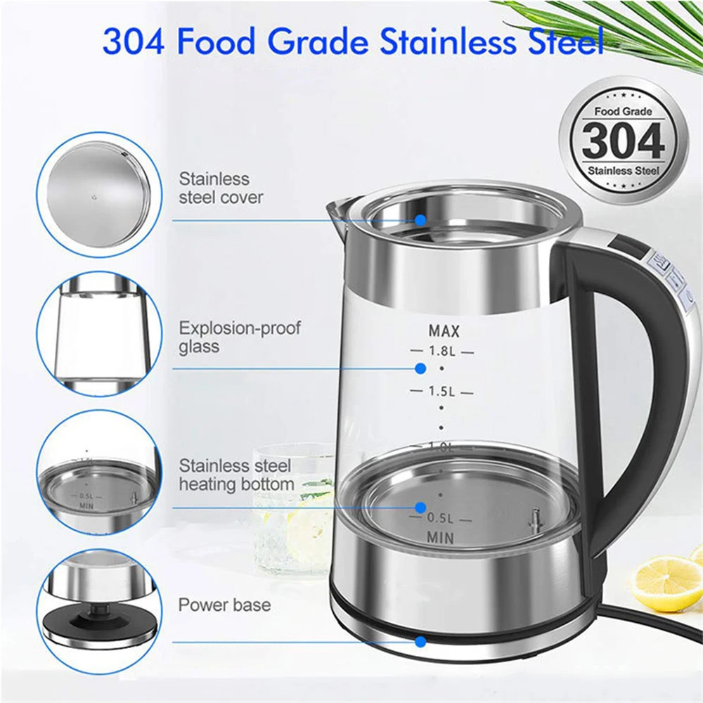 DEVISIB Electric Kettle Temperature Control 4Hours Keep Warm 2L Glass Tea  Coffee Hot Water Boiler Food Grade 304 Stainless Steel