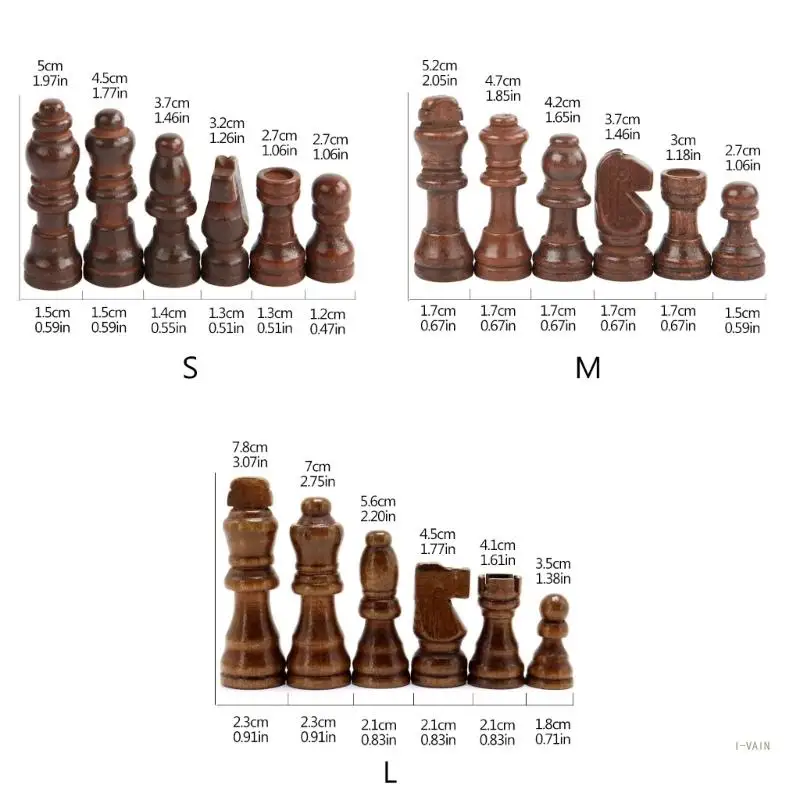 M5TC 32 Pcs Wooden International Chess Pieces Hand Carved Chess Game Pawns Figurine Pieces Board Accessories Durable