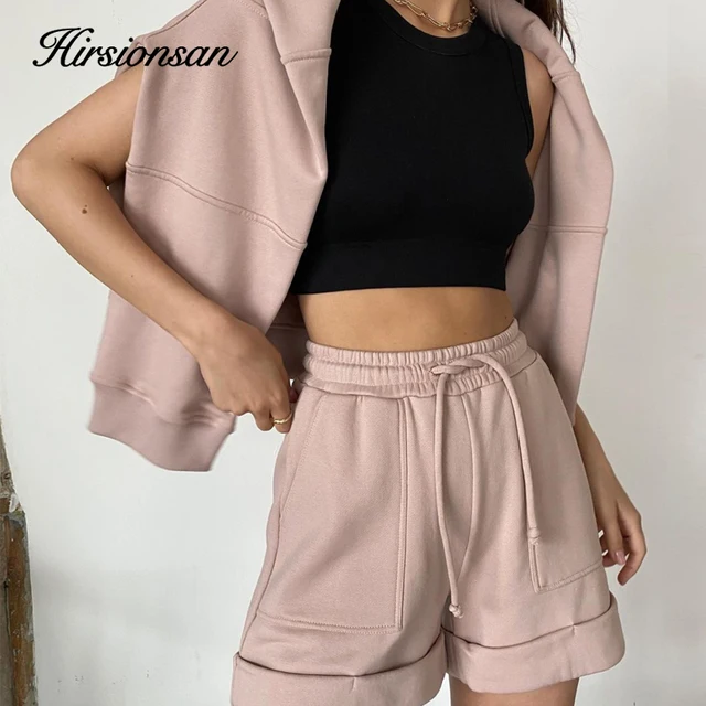 Hirsionsan Soft Cotton Sets Women 2022 New Casual Two Pieces Long Sleeve Sweatshirt & High Waist Shorts Solid Outfits Tracksuit 2