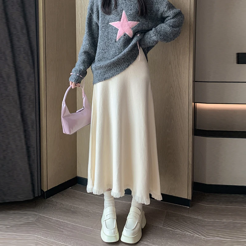 

Knitted Long Skirts Women High Waist Tassel Fashion Solid Retro Ladies Elegant Streetwear A-line Thickened Casual Faldas T192