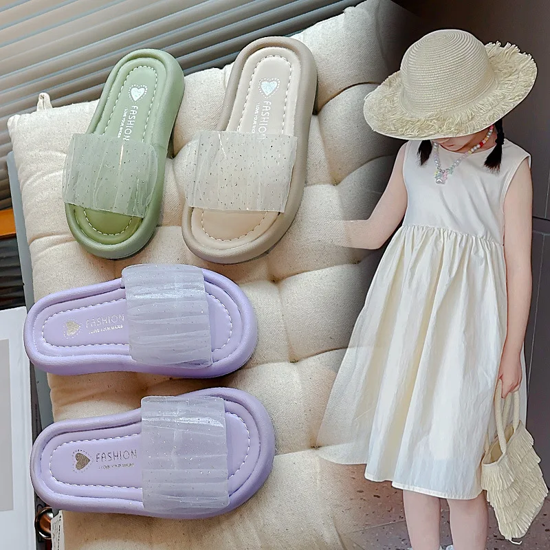 

Новинка лета 2024, детские тапочки для девочек, модная простая мягкая подошва в Корейском стиле, удобная Легкая крутая пляжная обувь с открытым носком