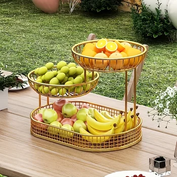 3-Tier Metal Fruit Basket Stand - Elegant Golden Finish Snack & Cake Display Organizer with Ventilated Design for Kitchen