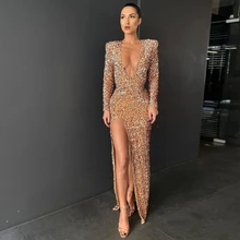 

Deep V Neck Brown Evening Dresses 2022 High Slit Full Sleeve Sequined Floor Length Robe De Soirée Femme Robe De Soirée Femme