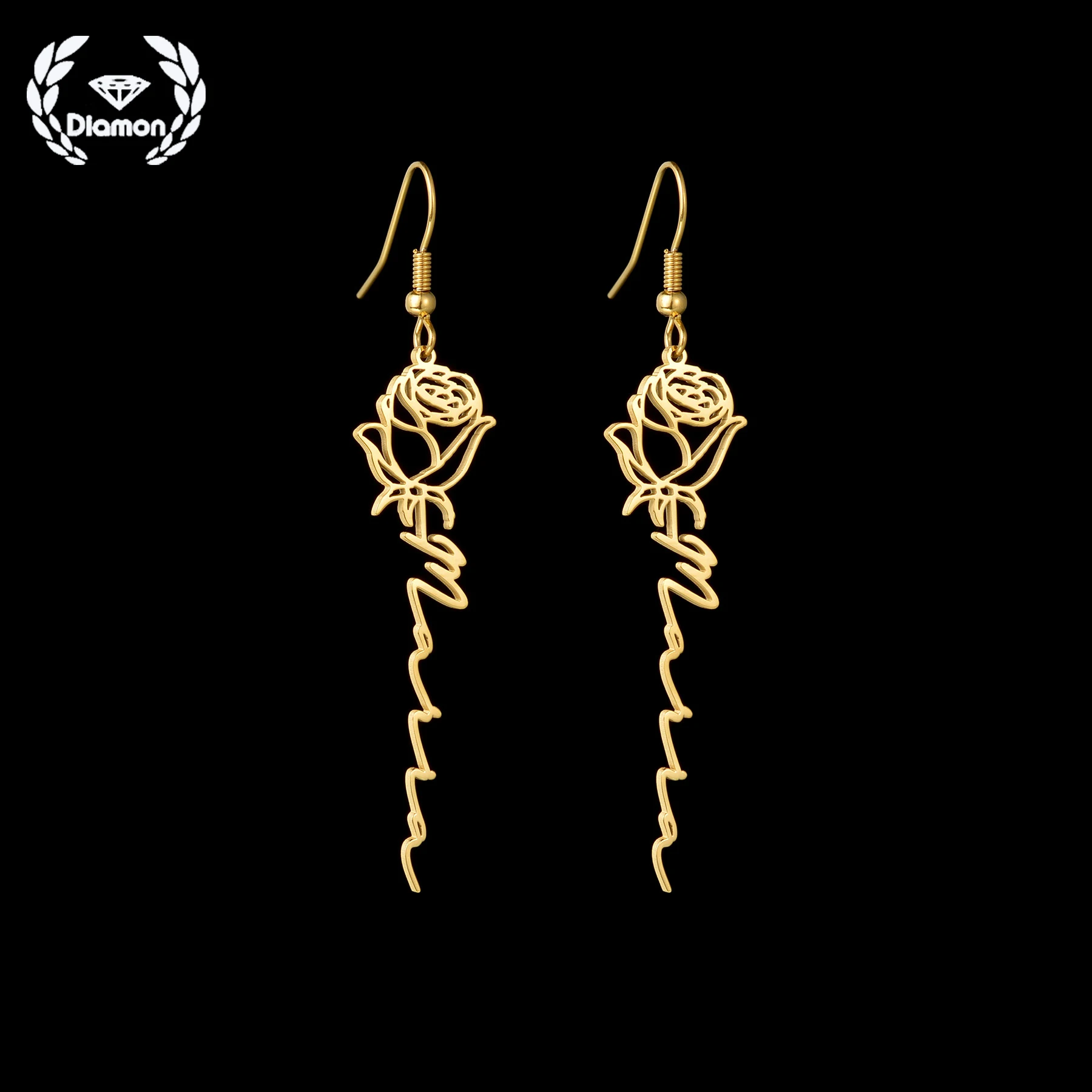 

Diamon New Customized Name Rose Earring for Women Personalized Birth Flower Stainless Steel Drop Earrings Jewelry Birthday Gift