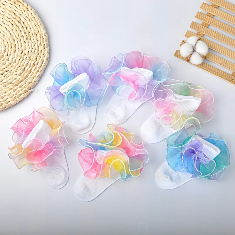 Korean Baby Girls 3D Ruffle Socks Children Multicolor Gradient Princess Students Dance Socks Kids Socks 1-10years Old