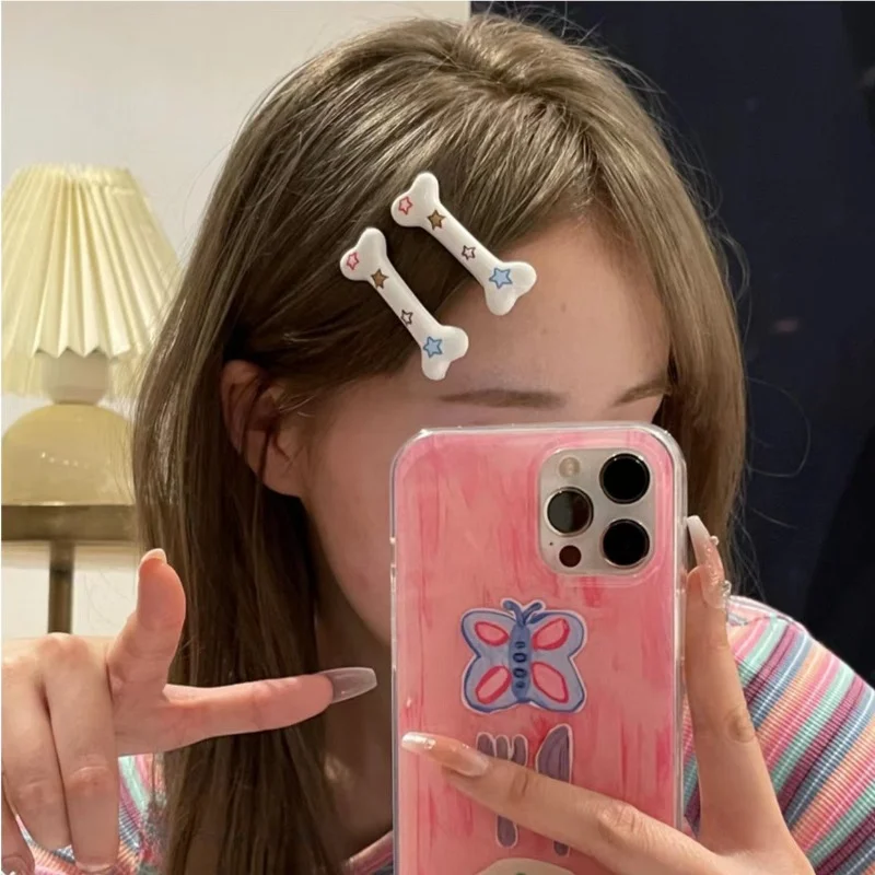 

Sweet Macarone Colorway Y2K Sweet Cool Colorful Little Star Print Bone Shape Side Bang Duck Mouth Clip Cute Girl Hairpin