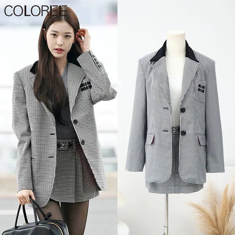 

Korean Fashion Clothing 2023 Spring Elegant Plaid Blazer Jacket+mini Skirt Two Piece Sets for Women Office Outfits