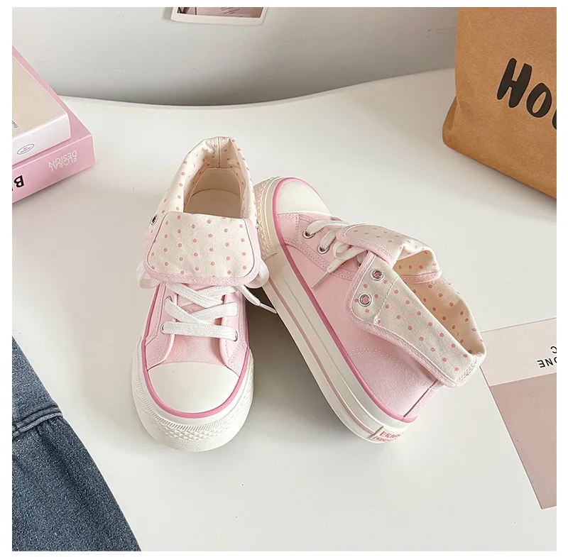 Women's High Top Platform Canvas Sneakers Polka Dot Foldable Collar Lace Up Breathable Korean Style Casual Shoes Fall 2026