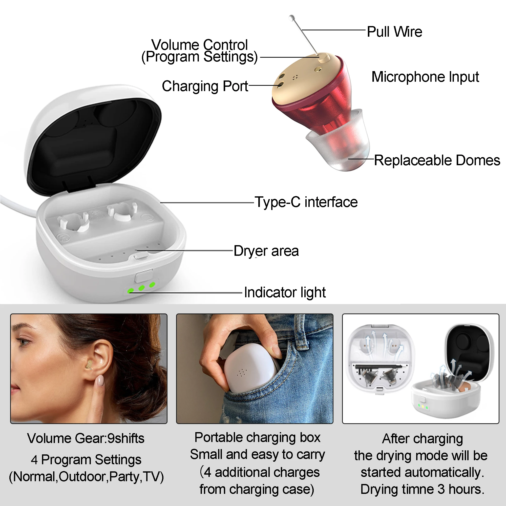 Intelligent New Style Hearing Aid Rechargeable Digital 6-channel Low-Noise  One Click Adjustable Tone Hearing Device For Elderly 5