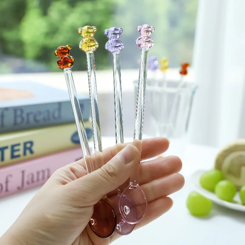 Japanese Style Milk Dessert Teddy Bear Spoon Colorful Transparent Glass Spoon Long Handled Coffee Stirring