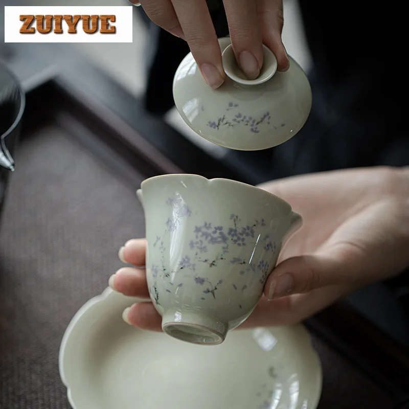 Plant Ash Blue Yingluo Cover Bowl Household Ceramic Tea Cup Anti Scald Gaiwan Luxury Tea Tureen Making Drinkware Gifts 120ml