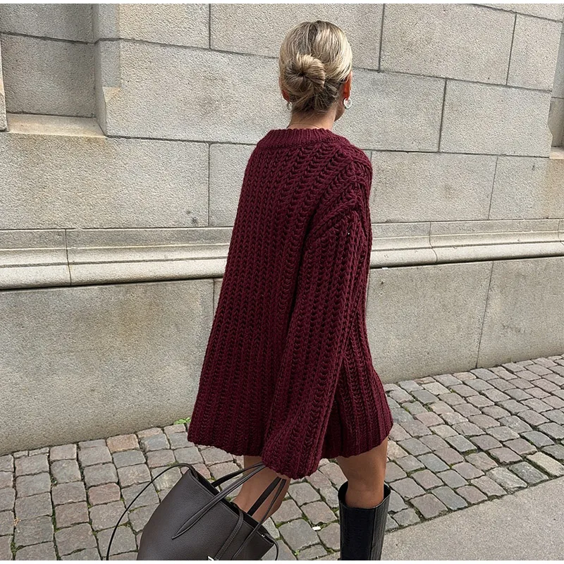Casual Knitted Solid Mid Long Sweaters Women Loose O-neck Long Sleeve Dark Red Pullover Sweaters Female Autumn Chic Street Tops