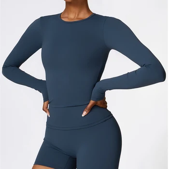 T-shirt da yoga a maniche lunghe da donna, top sportivo tinta unita, maglietta sexy con ombelico a vista, ad asciugatura rapida per allenamento, corsa e fitness