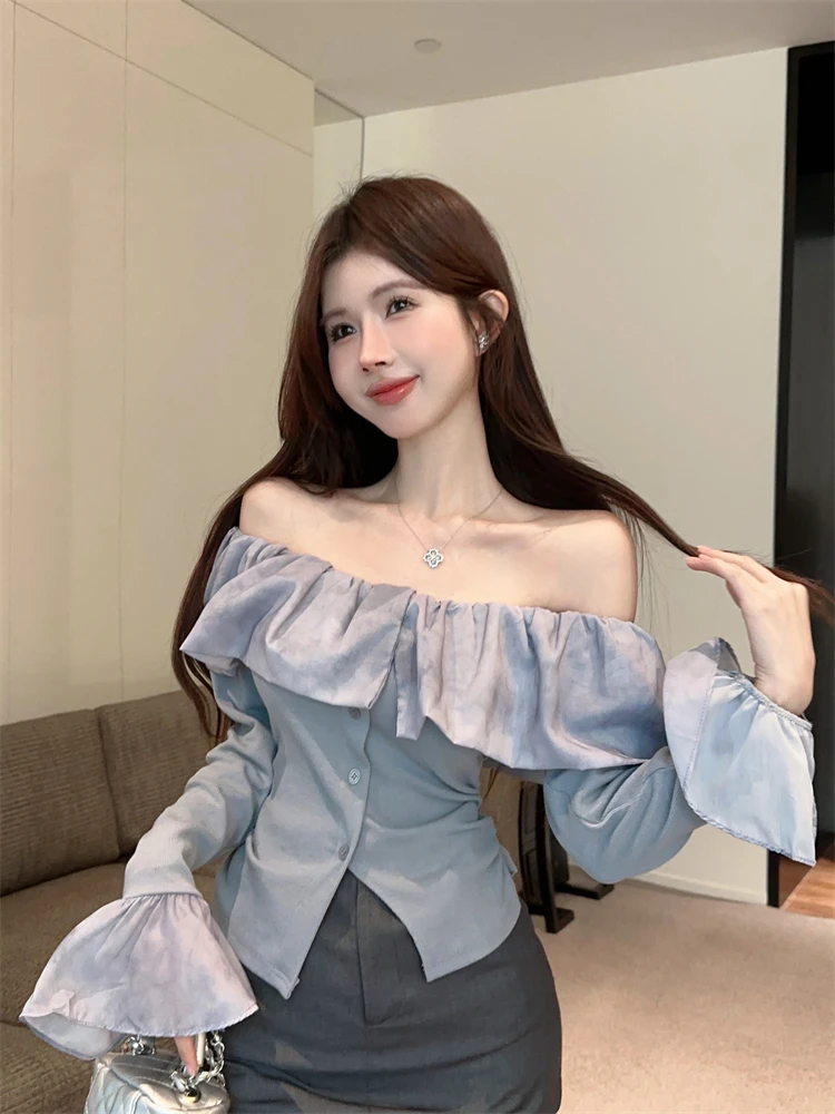 

Elegant Slash Neck Ruffles Shirts Women Y2k E-Girl Slim Waist Single Breasted Blouses 2024 New Long Sleeve Blusas Mujer