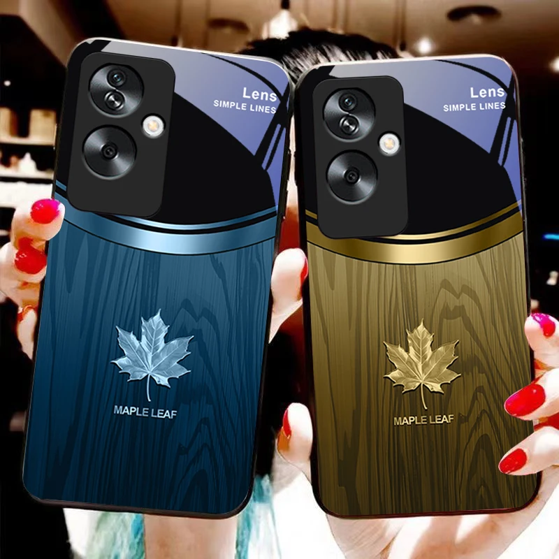 Wood Grain Maple Leaf Tempered Glass Black Phone Case