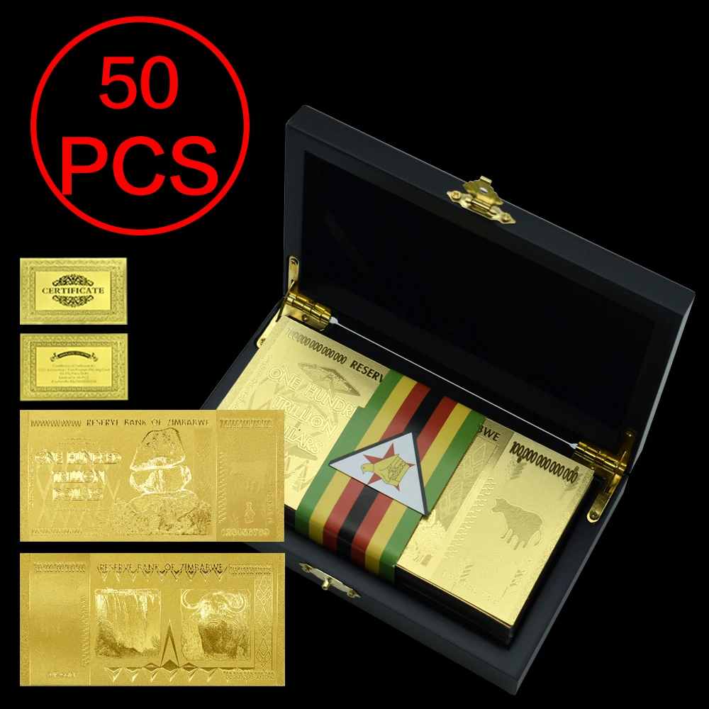 

50pcs/box Zimbabwe Commemorative Gold Banknotes One Hundred Trillion Dollars Fake Money with Box Art Crafts Holiday Gifts