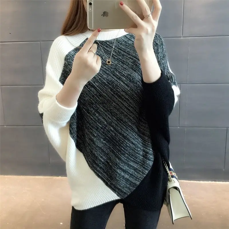 

New Womens Batwing Sleeve Sweaters Autumn Winter O Neck Color Block Knitted Pullovers Female Casual Jumpers Women Clothing