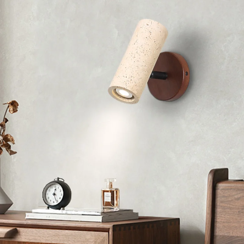Led Wall Lamp Bedroom Bedside Reading Light Stone Rotatable Spot With Aall Switch Study Lighting Fixture Walnut Log Wood Color